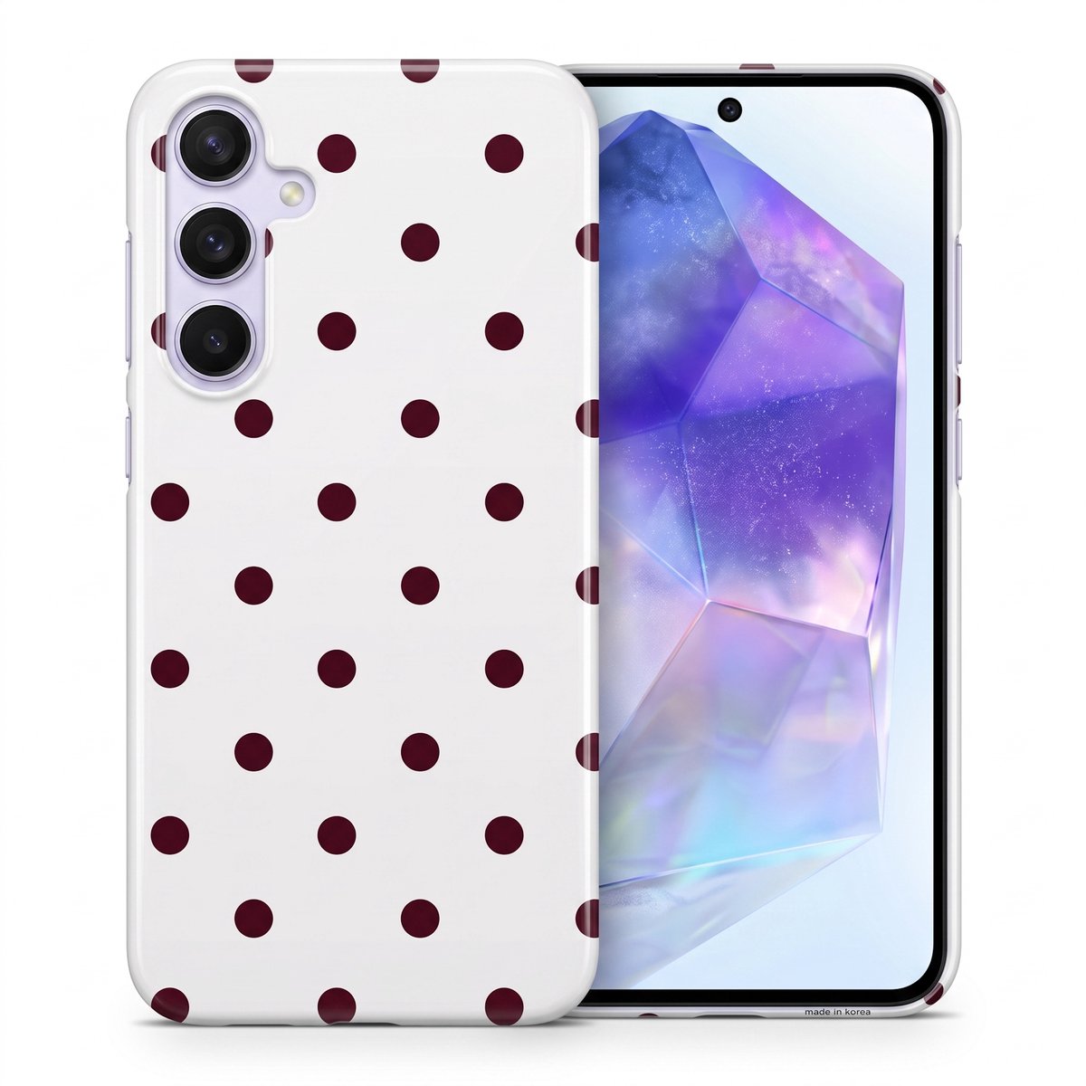 Hoesje geschikt voor Samsung Galaxy A55 – Polka Dots – Exclusief Design – Polycarbonaat – Wit en Bordeaux