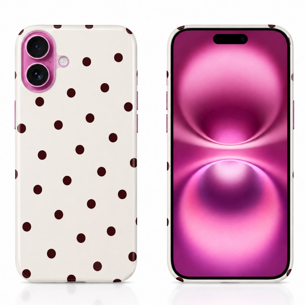 Hoesje geschikt voor iPhone 16 – Polka Dots – Exclusief Design – Polycarbonaat – Wit en Bordeaux