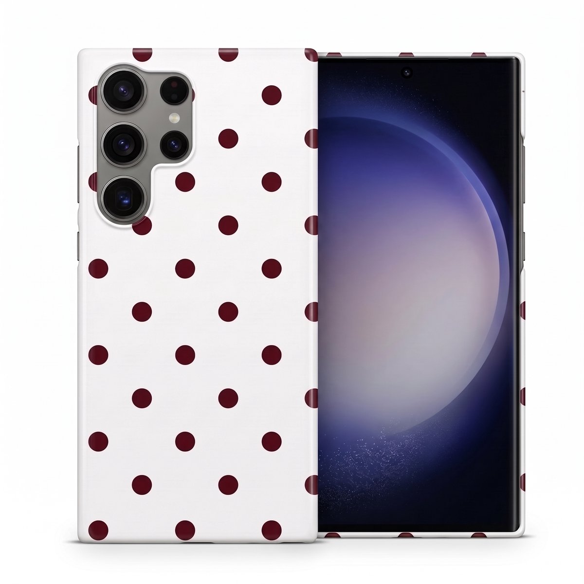 Hoesje geschikt voor Samsung Galaxy S23 Ultra – Polka Dots – Exclusief Design – Polycarbonaat – Wit en Bordeaux