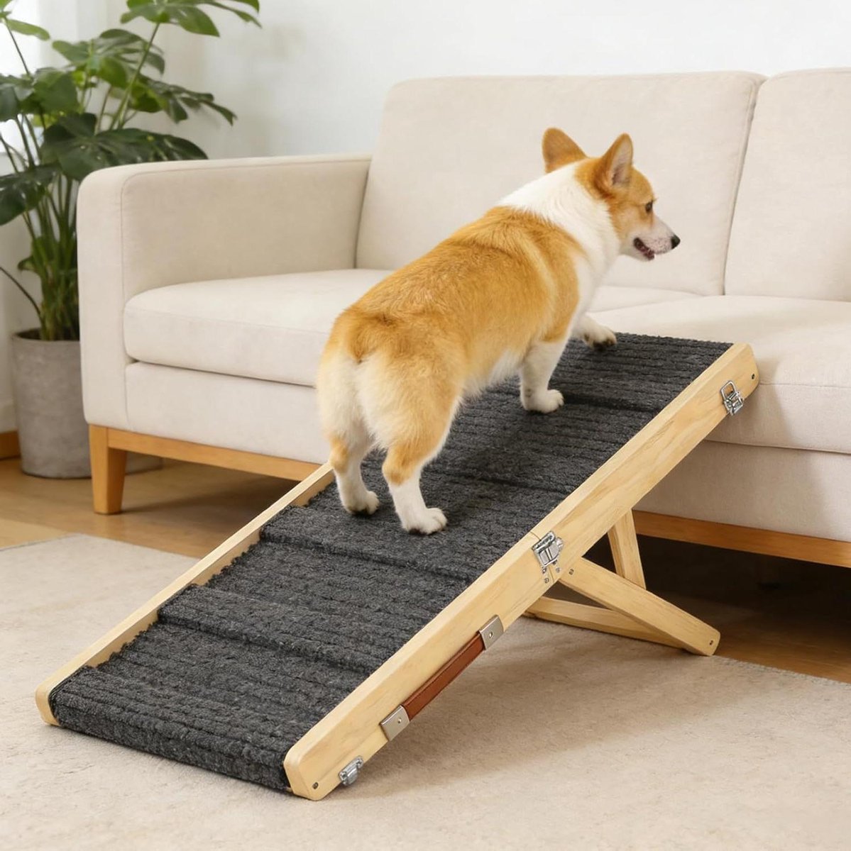 Houten Hondenloopplank - Huisdierhelling Opvouwbaar - Veilig Instappen - Antislip Grip - 120 cm Lang - Houtkleur