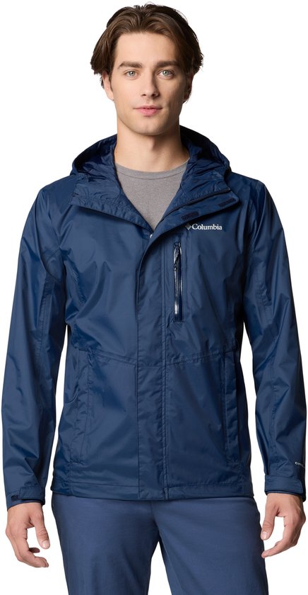 Veste d'extérieur Columbia pour homme de couleur bleue avec capuche et fermeture éclair.
