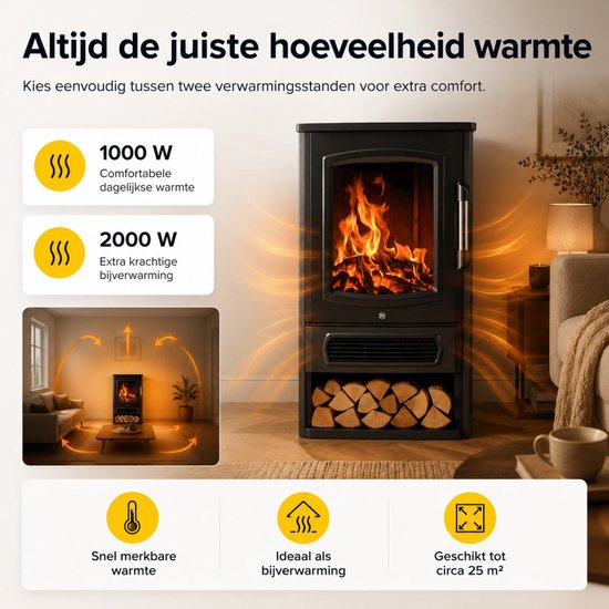 Zwarte elektrische sfeerhaard met vlammenspel en houtblokken, in een woonkamer.