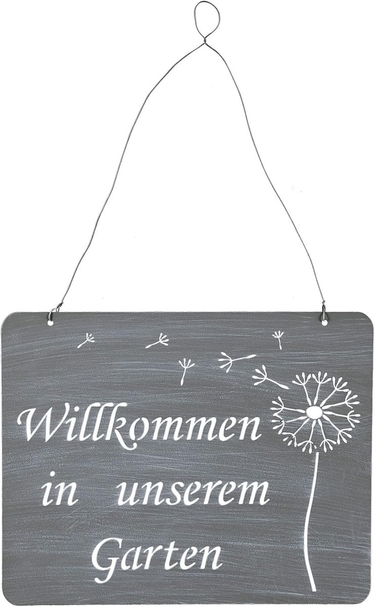 Deurbordje Welkom in de tuin - Grijs - 31 x 25 cm - Metalen Wanddecoratie met Paardenbloemen - Voor Buiten
