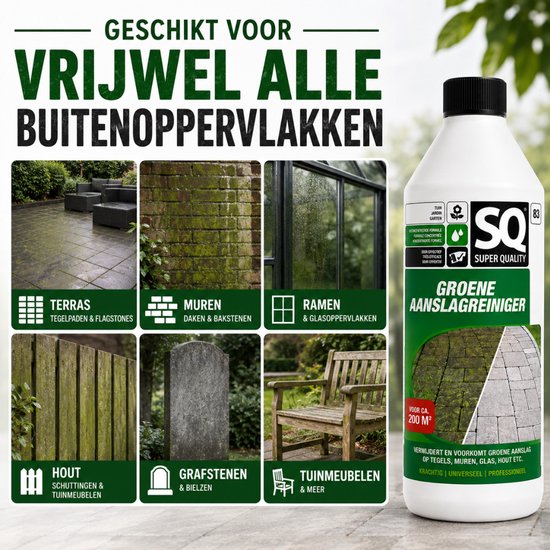 SQ Groene Aanslagreiniger 1000ml - Effectieve Terrasreiniger Groenaanslag - Groene Aanslag Verwijderaar voor Terras, Muur & Tuin - 1L voor 200m² van Merkloos	 — afbeelding 4