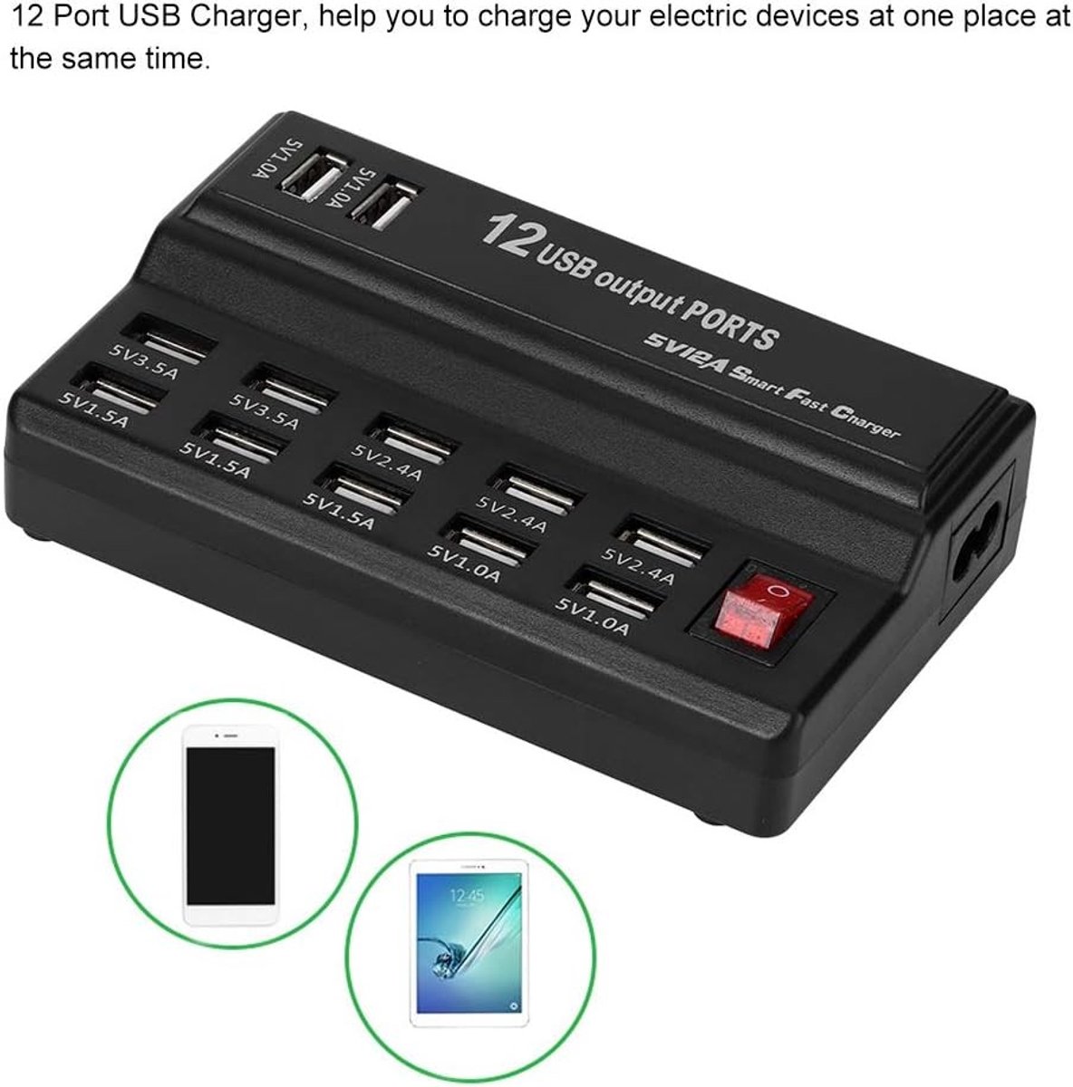 USB-Oplader - Zwart - EU-stekker - 12-poorts Oplader met Slimme Chip - Voor Smartphones en Tablets