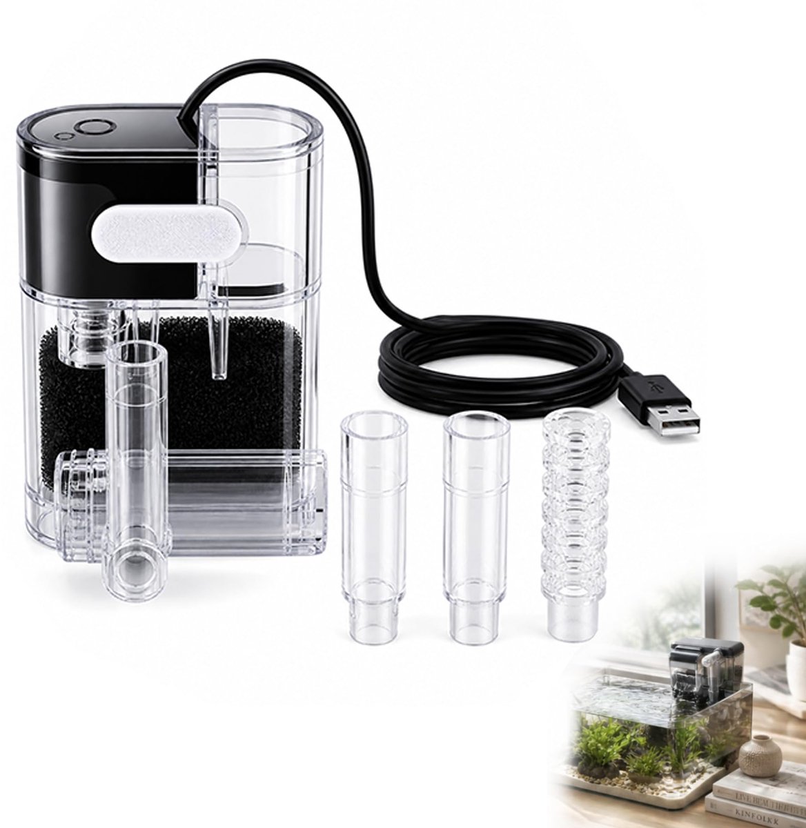 Aquarium HOB buitenfilter – keuze voor nano- en pico-aquaria tot 20 l, met instelbare waterstroom voor optimale filtratie, automatische herstart, 160 LPH vermogen, 3 W