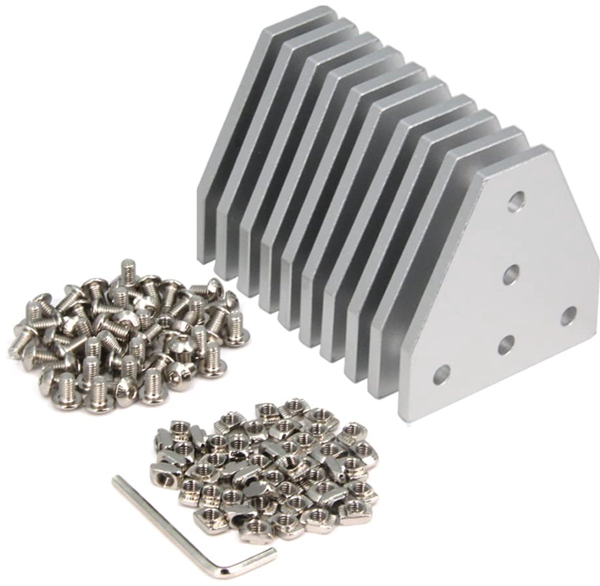 Set van 10 zilveren T-vormige hoekplaten met 50 schroeven + 500 T-moeren, 5 gaten 90 graden afdichtingsplaat voor aluminium profiel serie 2020 (10 stuks zilveren T-stukken met moer)