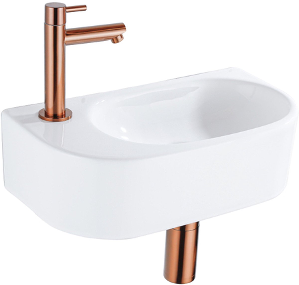 QeramiQ Fuente Fonteinset - 40x21.5x12cm - links - glad - halfrond - 1 kraangat - keramiek - fonteinkraan geborsteld koper - afvoerplug - verlaagd sifon - wit glans