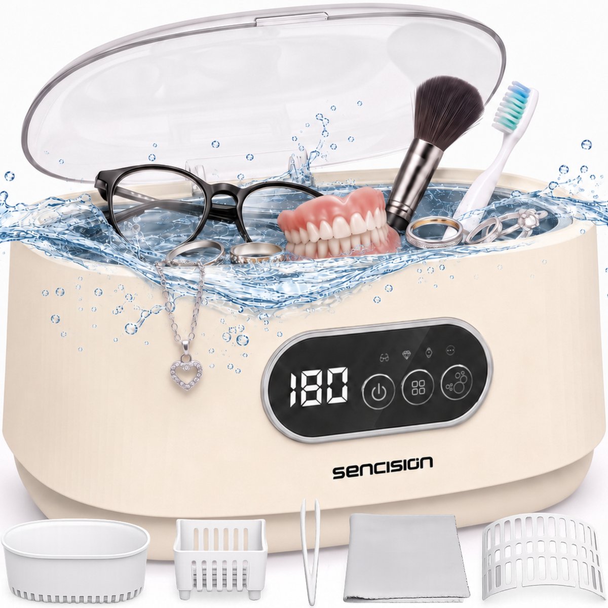 Sencision Ultrasoon Reiniger 660 ml met Ontgasfunctie - Sieraden Reiniger - Brillenreiniger - Kunstgebit Reiniger - 5 Timerstanden - RVS Tank - Beige