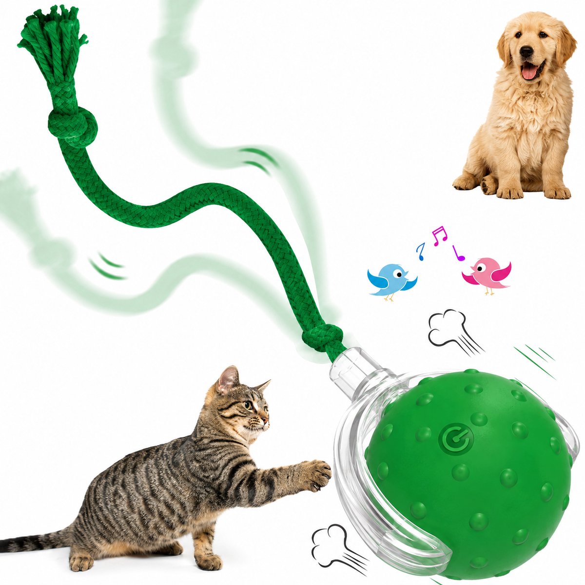 ZVD Interactief huisdierspeelgoed - Kattenspeelgoed - Met vogelgeluiden en een touwtje - Interactieve speelbal voor katten en honden - Slim automatisch rollen 360° - Elektrische speelbal voor katten en honden - Groen