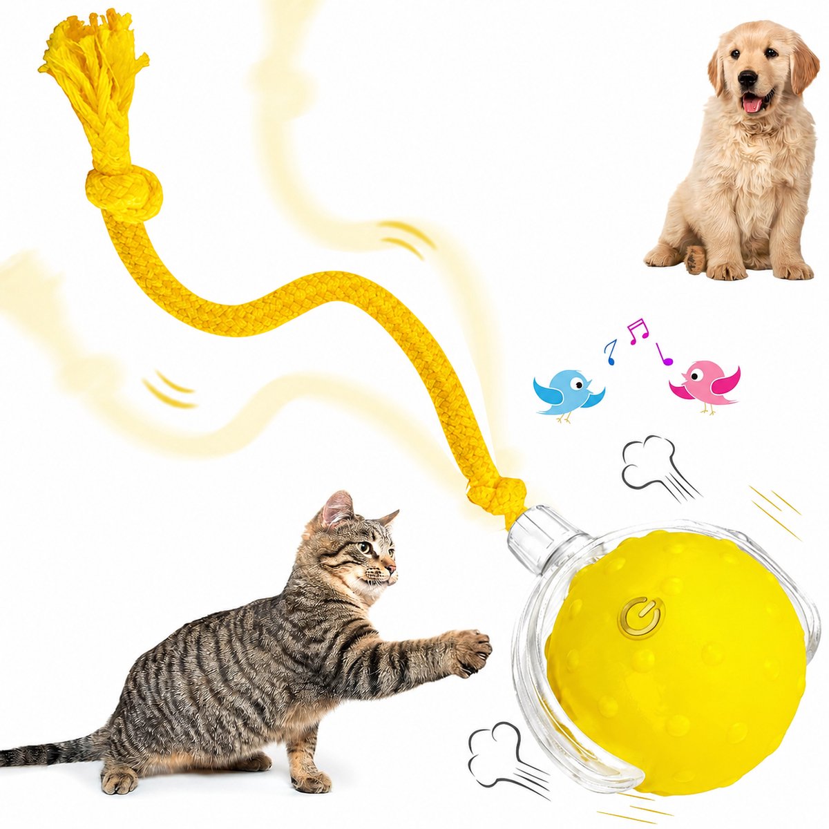 ZVD Interactief huisdierspeelgoed - Kattenspeelgoed - Met vogelgeluiden en een touwtje - Interactieve speelbal voor katten en honden - Slim automatisch rollen 360° - Elektrische speelbal voor katten en honden - Geel