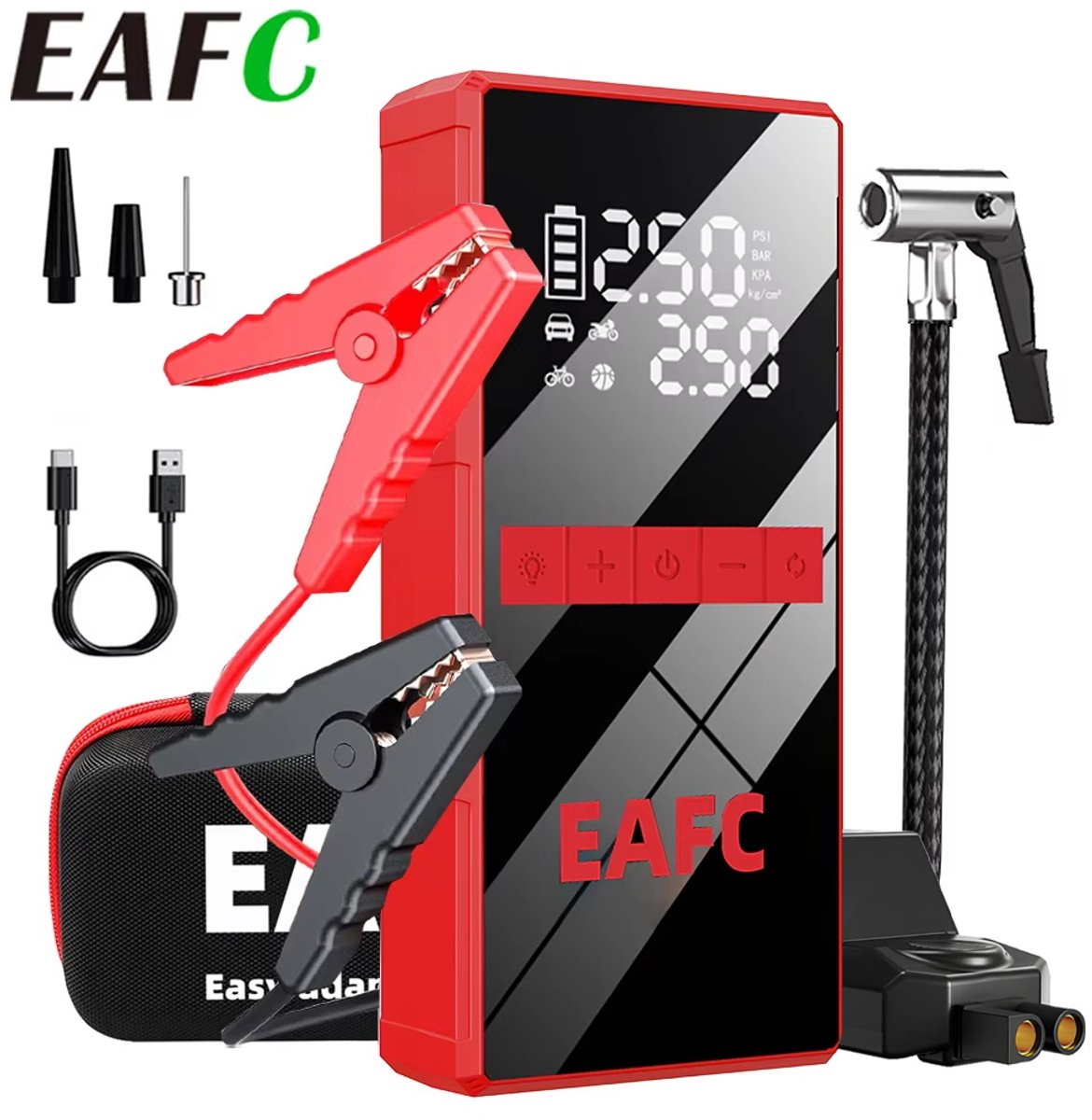 EAFC 4000A Startboosterset met Bandencompressor – Draagbare Luchtcompressor (10000mAh, 150PSI), Snel oppompen voor benzine motoren tot 6,0L en diesel motoren tot 4,0L – Incl. opbergtas