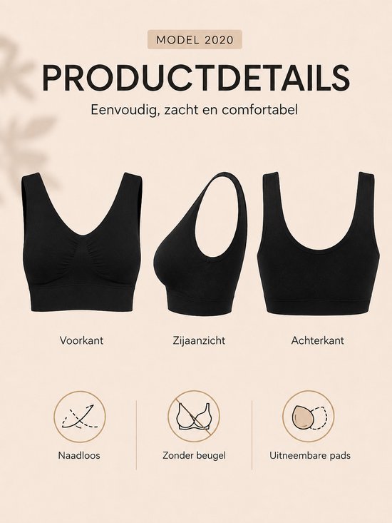 Productdetails Comfy Bra: Voorkant, zijaanzicht, achterkant. Naadloos, zonder beugel, met uitneembare pads.