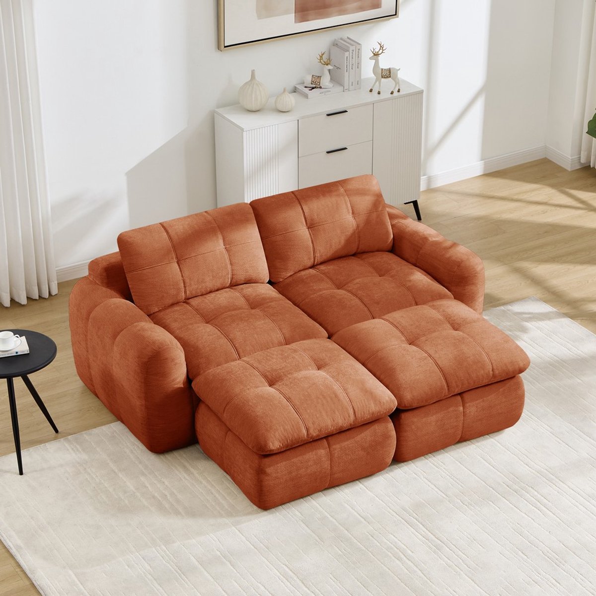 Pugsdrly 2-zits frameloze ‘Wolken’-modulair bankstel, ruitjespatroon, chenille bekleding, brede en diepe zitvlakken, vrij combineerbaar, montagevrij met 2 voetenbankjes voor woonkamers en appartementen, oranje