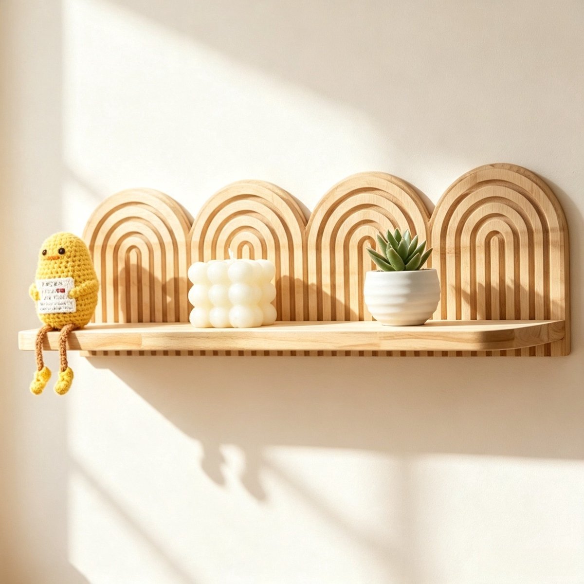 Houten Muur Plantenrek met 4 Regenboogbogen, Natuurhout 45cm Wandrek voor succulenten en kleine bloempotten, houten wandrek planten inclusief montagemateriaal