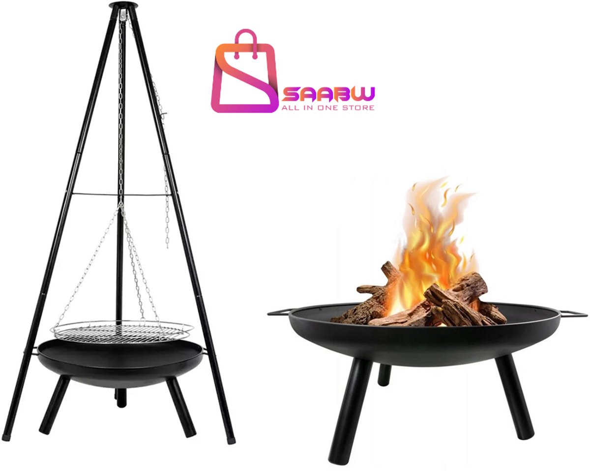 Vuurkorf met Driepoot en Grillrooster - Grote Tuinhaard - BBQ Vuurschaal - Houtskool Barbecue - Staal - 51871