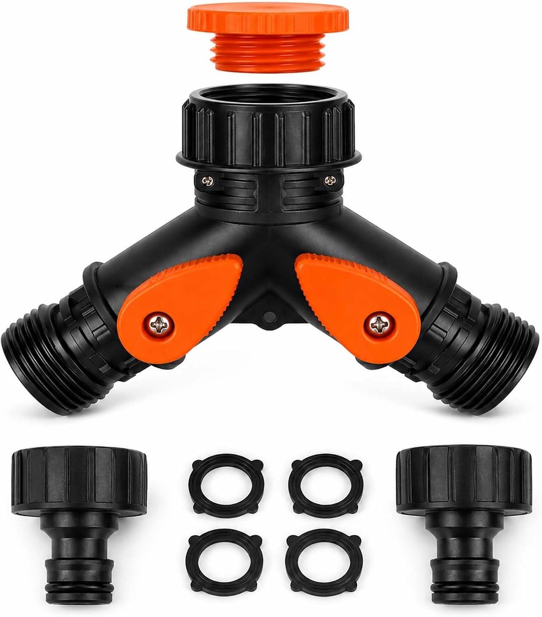Y-waterverdeler voor kraan, aansluiting 2 uitgangen met 3/4 inch aansluiting en 1/2 inch adapter, aparte ventielen en instelbare debiet