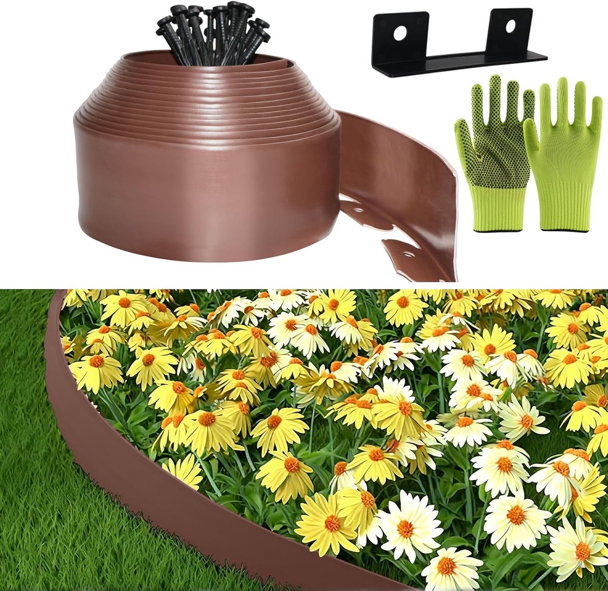 Gazonrand van kunststof, tuinhek voor buiten, 10 cm x 10 m, inclusief 30 verankeringspunten en 1 connector, met een paar handschoenen, decoratieve omheining voor de tuin (bruin, 10 x 10 m)