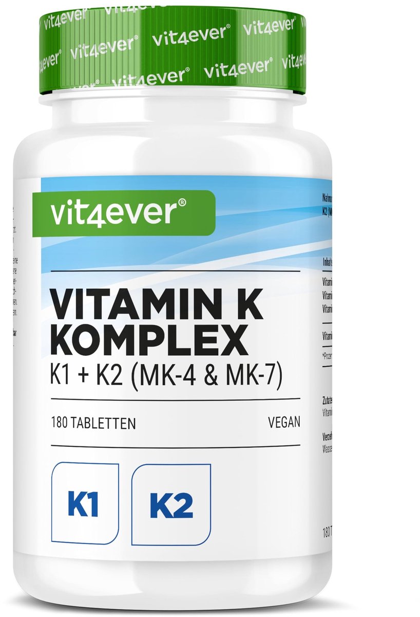 Vitamine K Complex - 180 Tabletten (6 Maanden) - Hooggedoseerd 1.000µg Vitamine K1 + K2 Menaquinon (1000µg MK4 + 200µg MK7 All-Trans) - Hoge Biobeschikbaarheid - Zonder Onnodige Toevoegingen, Vegan