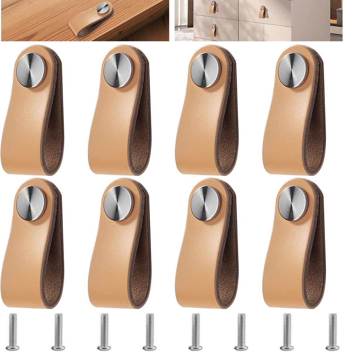 leer, beige, 8 stuks, deurknoppen, kast, handvat, leer, ladeknop, vintage meubelgreep, voor kasten, commode, keuken, badkamer