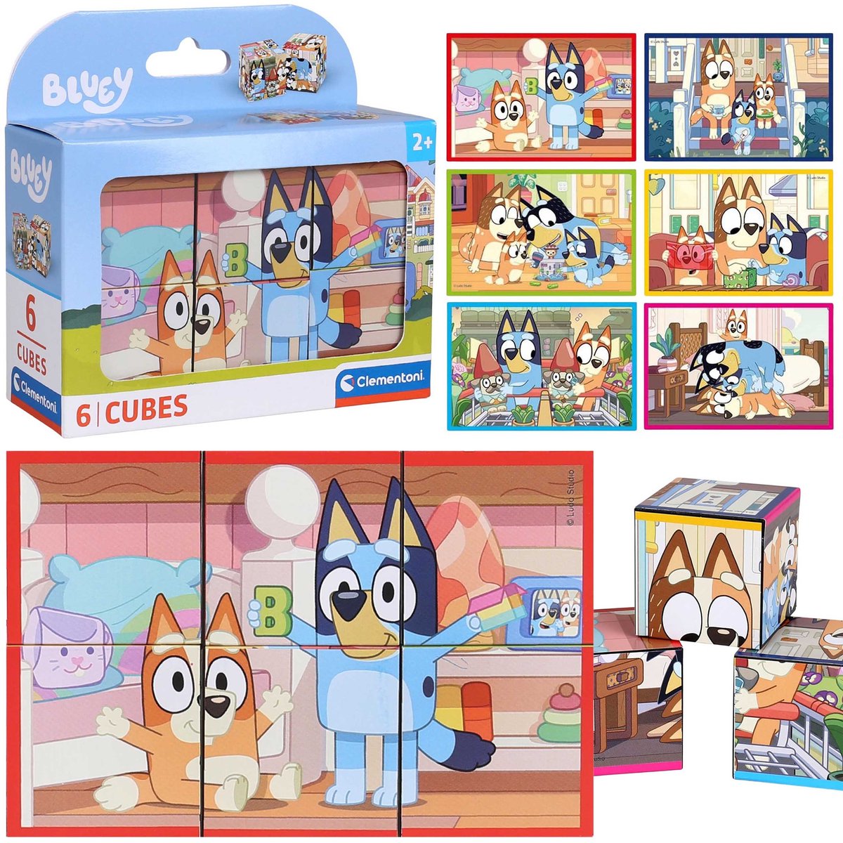 Bluey Plastic DRAAIBARE blokken, kubusblokken VOOR KINDEREN - 6 Clementoni blokken