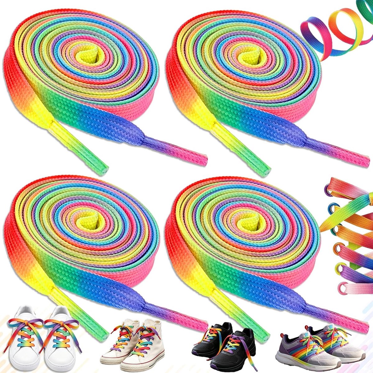 4 Paar Kleurrijke Veters voor Modieuze Regenboog, Gekleurde Platte Regenboog Schoenveters, Platte Veters Van 120 cm met Kleurverloop voor Canvas Schoenen en Sportschoenen(Regenboogkleuren)