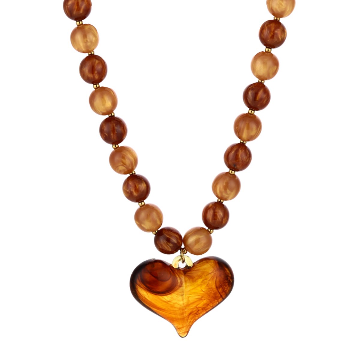 Ronde Kralenketting met XL Hart Hanger – Kralen Ketting met XL Hart – RVS - Bruin
