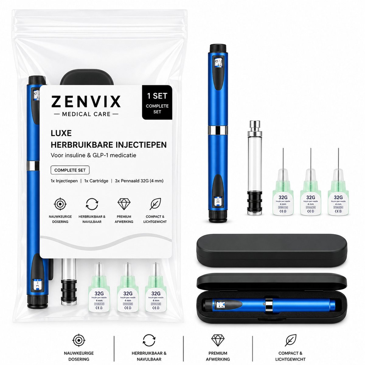 Zenvix® Luxe Herbruikbare Injectiepen voor Insuline & GLP-1 – Blauw - Insulinespuit - Injectiespuit met Naald - Insuline Naalden - Injectiespuit