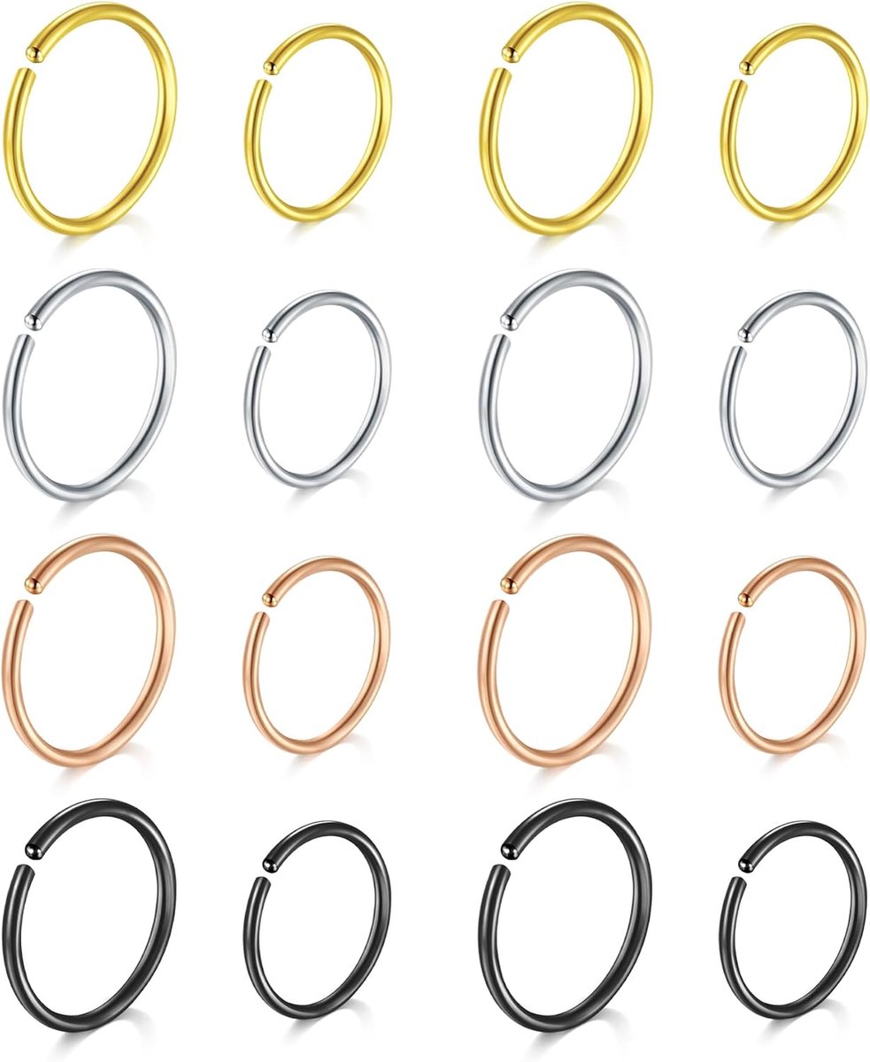 Neuspiercing, 0,8 mm, 20 g, roestvrij staal, binnendiameter 8 mm, 10 mm, zilver, roségoud, goud, zwart