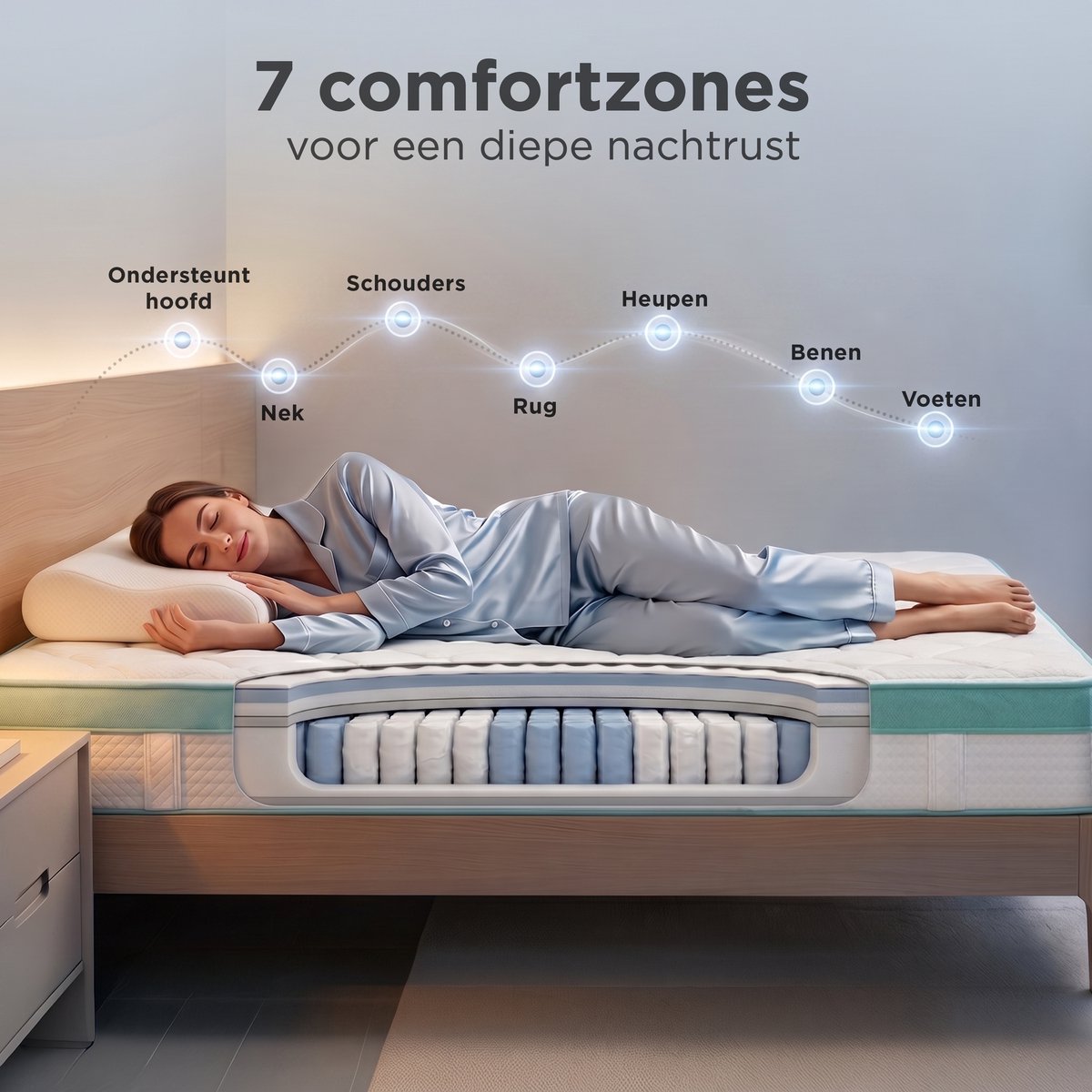 CozySense® Hybride Matras 140x200 cm – Tweepersoons Pocketvering – Traagschuim & Koudschuim – 7-Zones – 25 cm Dik – Medium thumbnail 2