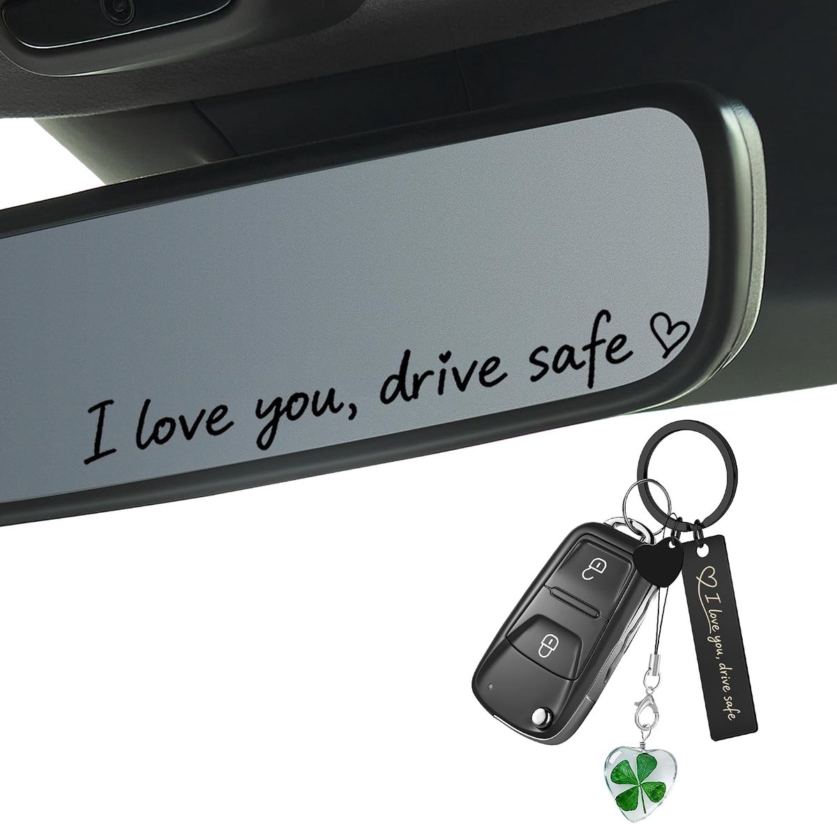Love You Drive safe set, autosticker, waterdicht, voor buitenspiegels | Autodecoratie met klavertje vier sleutelhangers als rijbewijs bestand cadeau (zwart)
