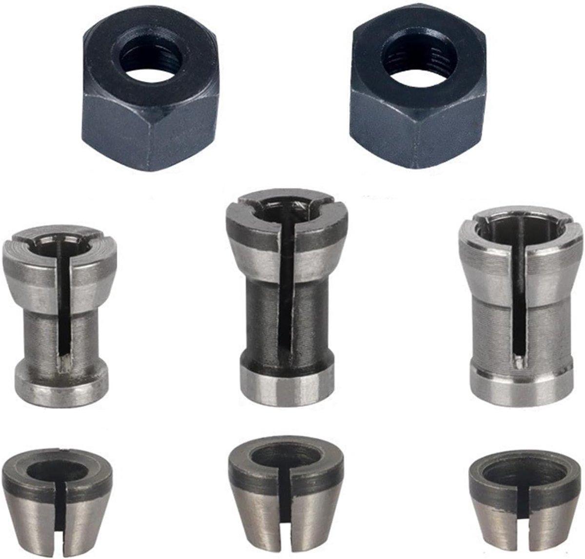 8-delige pincetset voor graveerfrees, adapter en boorbus van koolstofstaal, inclusief 6 pincetten (6 mm, 6,4 mm, 8 mm) + 2 moeren voor houtbewerking en knutselwerk