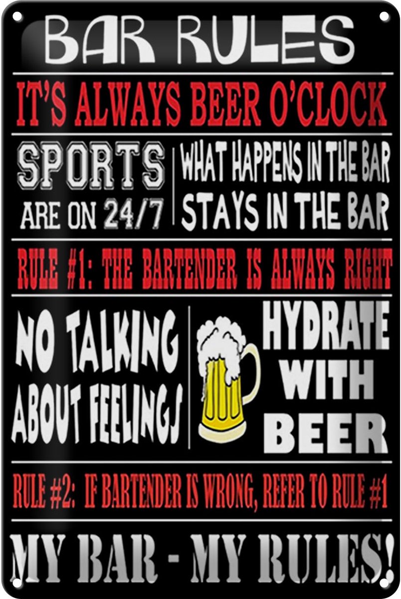 Blechschild Spruch 20x30cm Bar rules Bier my bar my rules