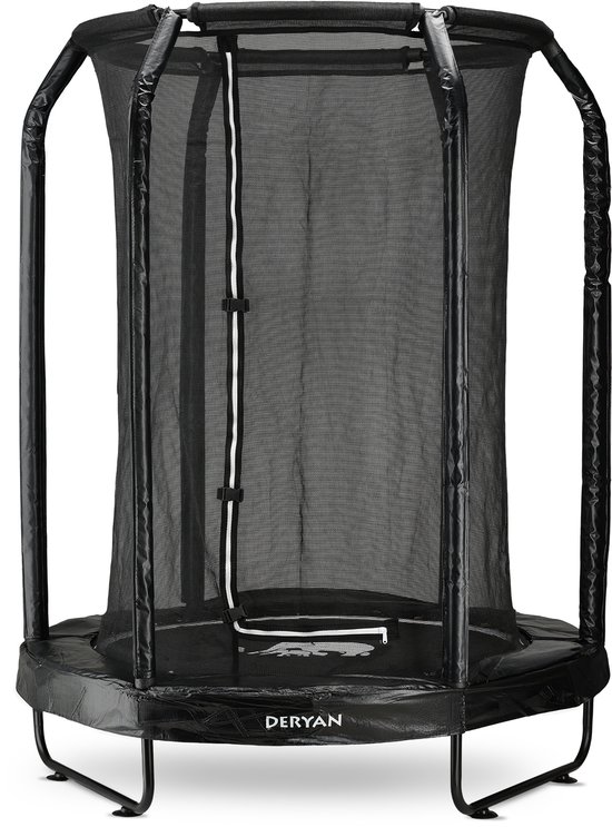 Zwarte Deryan trampoline met veiligheidsnet, op witte achtergrond.