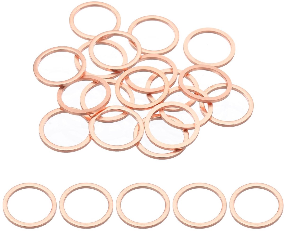 18 stuks M16 koperen afdichtingen, M16 x 20 x 1,5 mm koper-platte afdichtingen, afdichtingsringen, assortimentskit, olieaftapplug, afdichtring voor auto-accuvoertuigen, schroeven, bouten