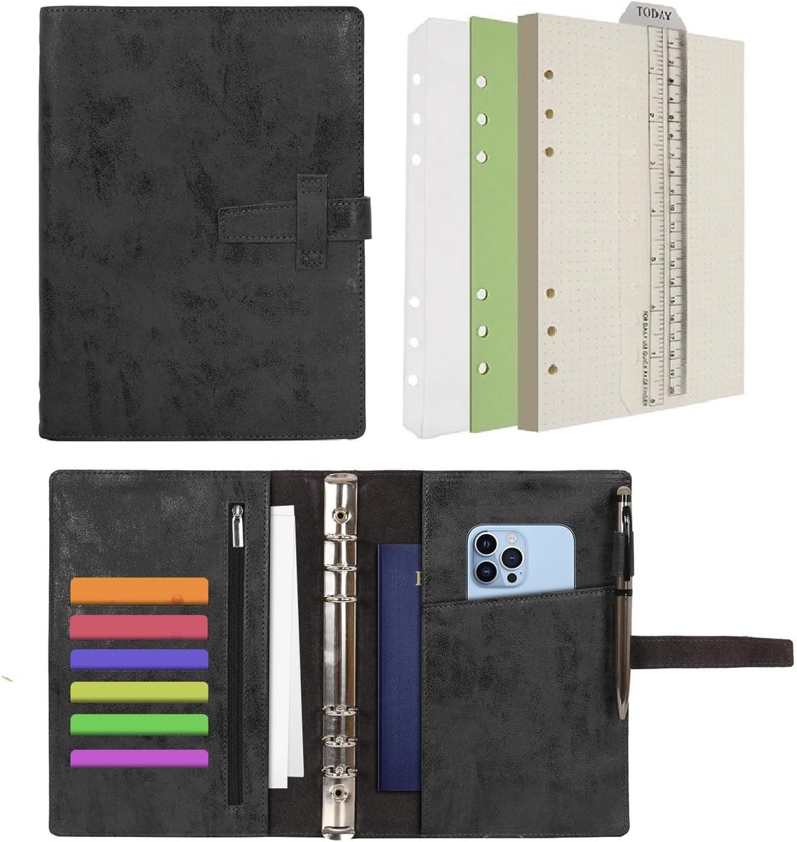Lederen zuivel 6 ringband notitieboek map organizer met gestippeld papier navulbaar schrijven notitieboek en meerdere zakken hoes voor zaken studie reizen met Pen (Zwart,A5)