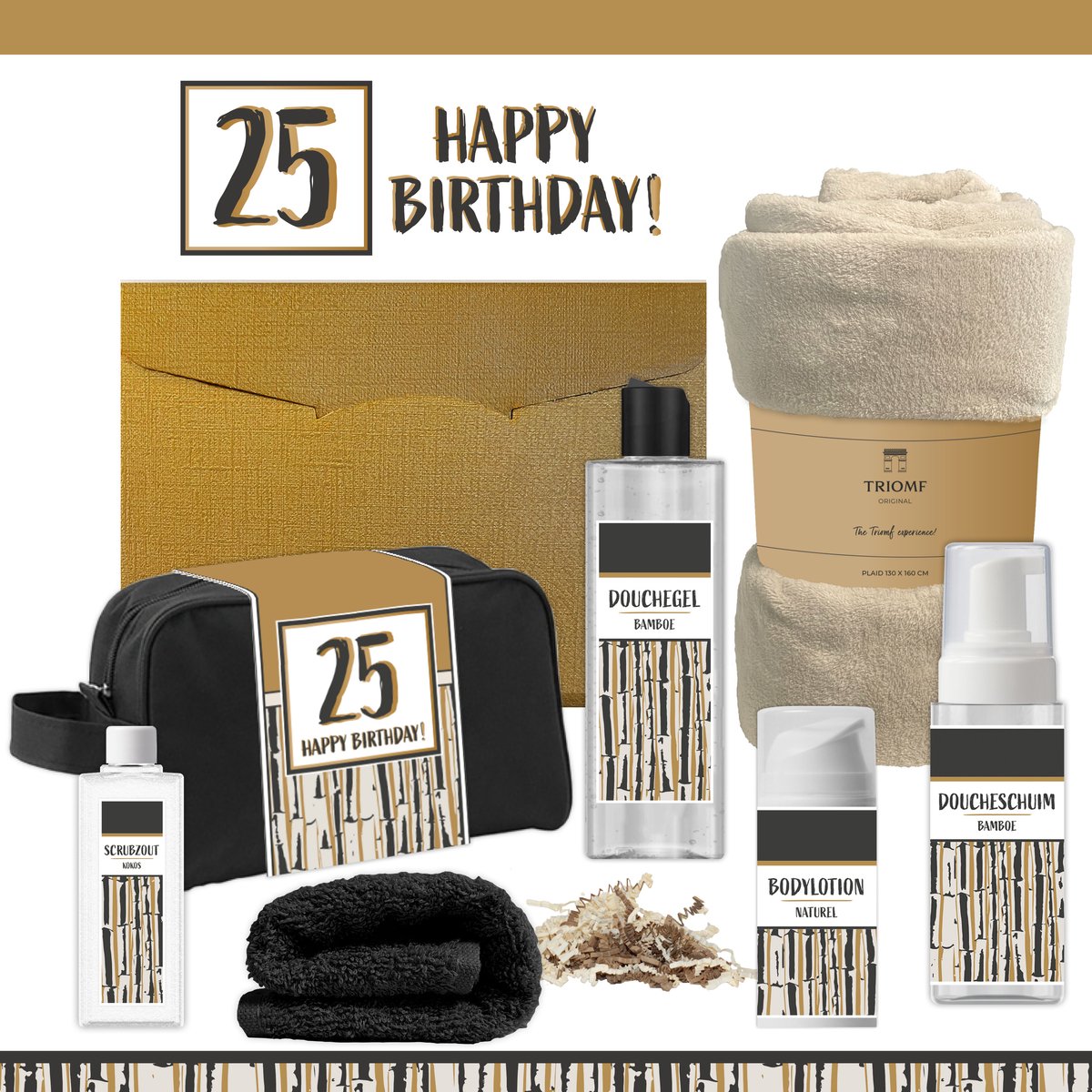 Geschenkset “25 Happy Birthday!” - 7 producten - 1390 gram | Giftset voor hem Vader Papa Vijfentwintig jaar Cadeau Luxe Wellness Pakket Man Speciaal Cadeaupakket Doos Handdoeken Fleecedeken Geschenk Cadeaudoos Verjaardag Vriend Gift Douche Beige Goud