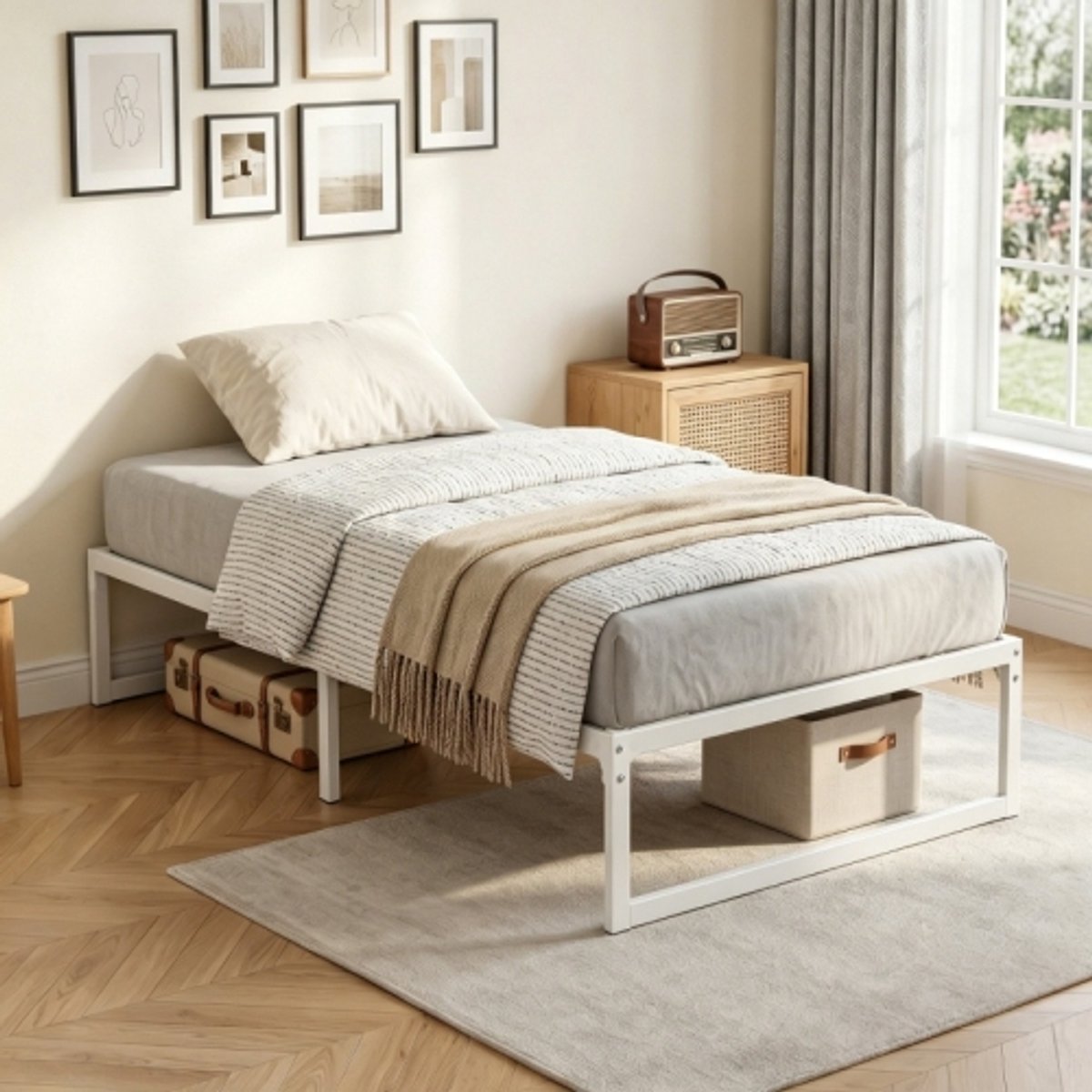 Metalen bedframe 90 x 200 cm - Met opbergruimte - Met lattenbodem - Metaal - Wit