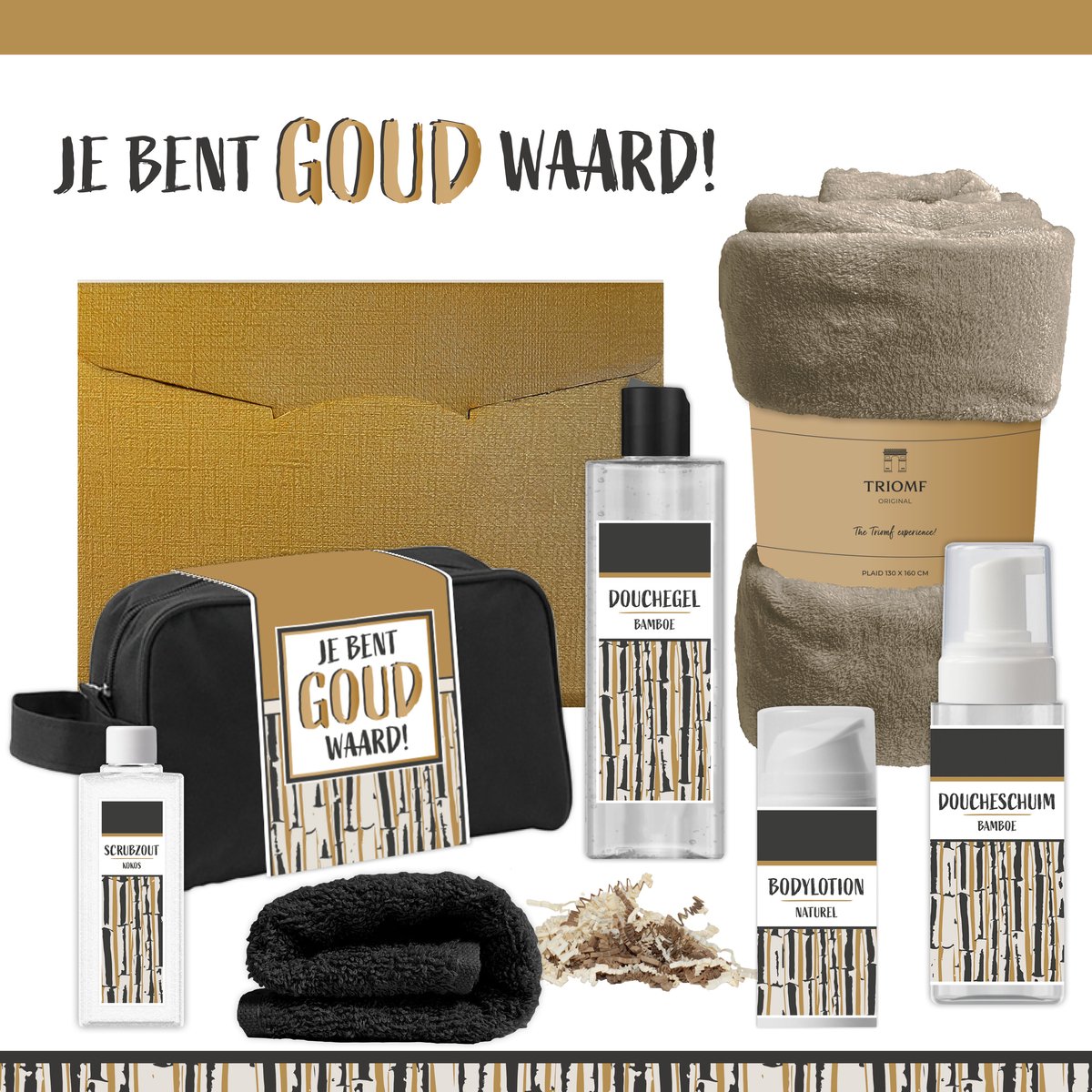 Geschenkset “Je bent goud waard!” - 7 producten - 1390 gram | Giftset voor hem Vader Papa Cadeau Luxe Wellness Pakket Man Speciaal Cadeaupakket Doos Handdoeken Fleecedeken Geschenk Cadeaudoos Verjaardag Vaderdag Gift Set Douche Taupe Goud