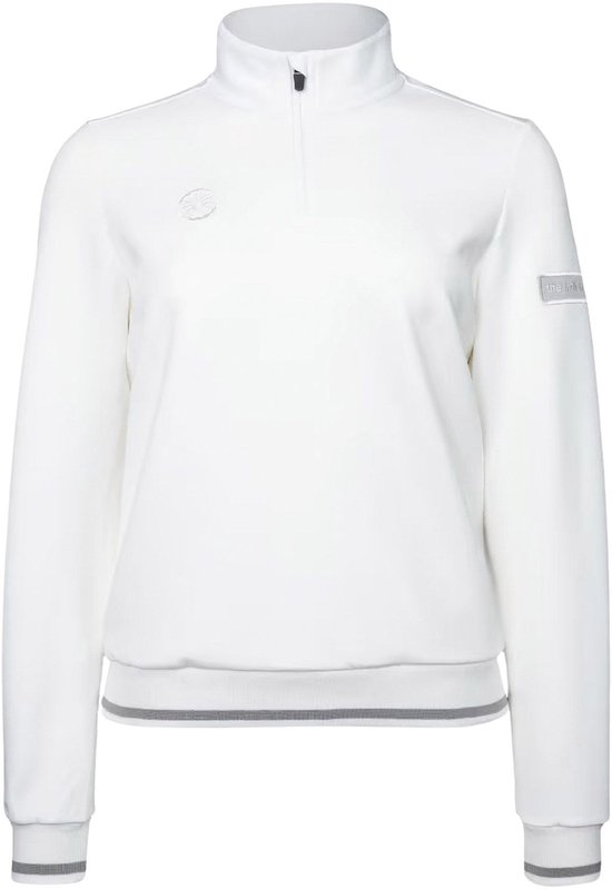 Witte sweater met hoge kraag, halve rits en grijze strepen aan de boorden.