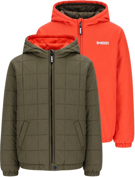 Reversible jas: één kant effen groen met ruitpatroon, andere kant fel oranje met B.NOSY logo.