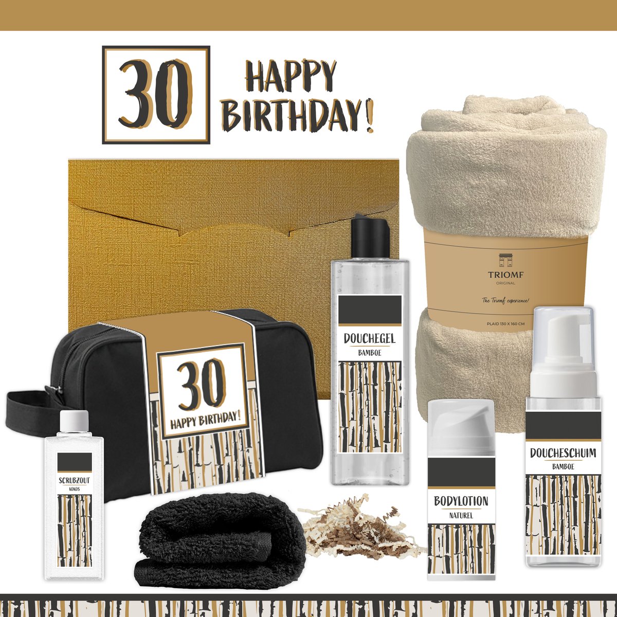 Geschenkset “30 Happy Birthday!” - 7 producten - 1390 gram | Giftset voor hem Vader Papa Dertig jaar Cadeau Luxe Wellness Pakket Man Speciaal Cadeaupakket Doos Handdoeken Fleecedeken Geschenk Cadeaudoos Verjaardag Vriend Gift Set Douche Beige Goud