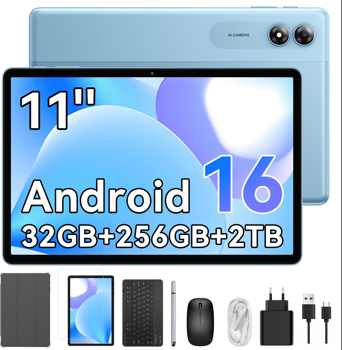 KINGRID T70 Tablet - 8000mAh - 11 inch- 32GB RAM - 256GB ROM - Android 16 - Met toetsenbord - Hoesje - Muis - Pen - Blauw