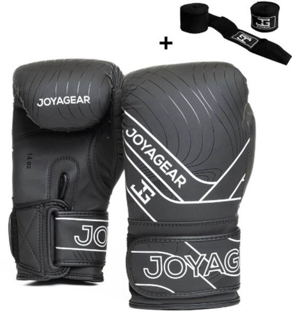 Joyagear ESSENTIAL Bokshandschoenen – Zwart/Wit – 14 oz – Kickbokshandschoenen met Klittenbandsluiting – Inclusief Bandage