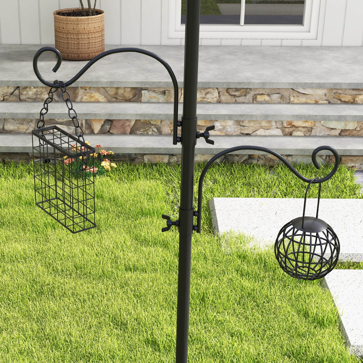 Vogelvoederstation kit, wilde vogelvoederpaal met 6 haken, 4 hangende voederbakken voor pinda's, zaad, vetballen, voor tuin, buiten, zwart