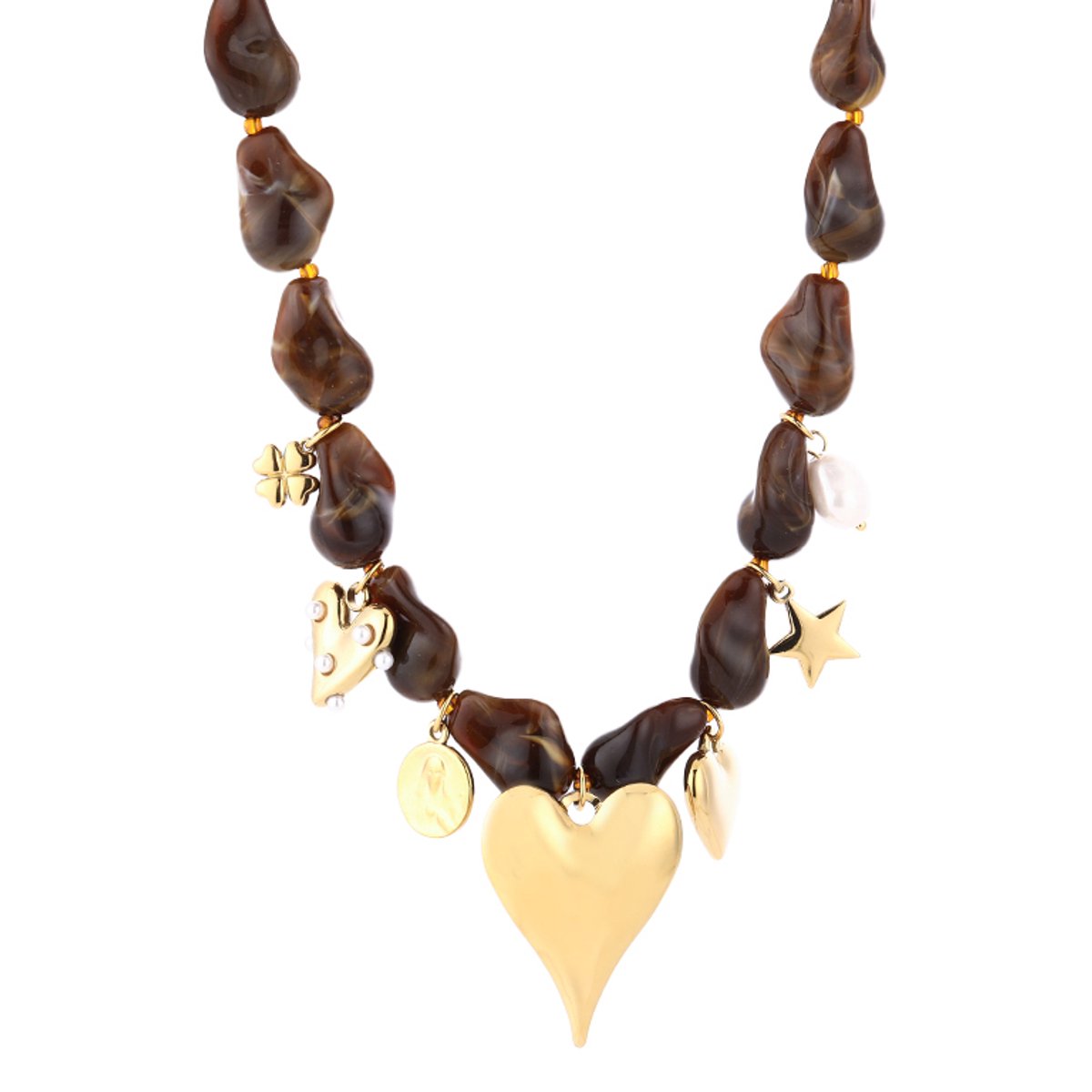 Irregular Bead Charms Necklace – Kralen Ketting met Bedels – RVS - Bruin