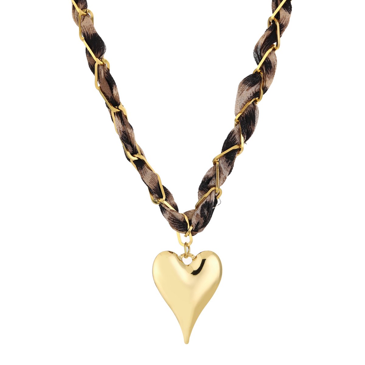Woven Fabric Heart Pendant Chain Necklace – Stoffen Ketting met Hart – RVS - Leopard