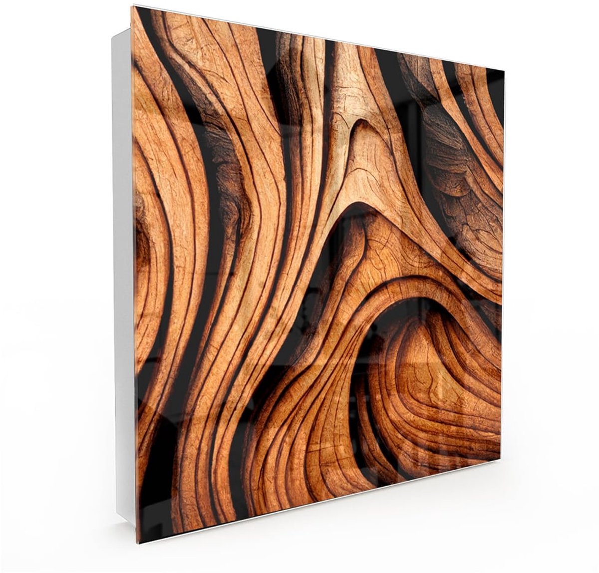 MyDesignGlas Sleutelkastje met Glazen Deur en Print – 50 Haken – 30x30x5 cm – Abstracte Hout Textuur – Metalen Sleutelkast – Witte– Linksopenend