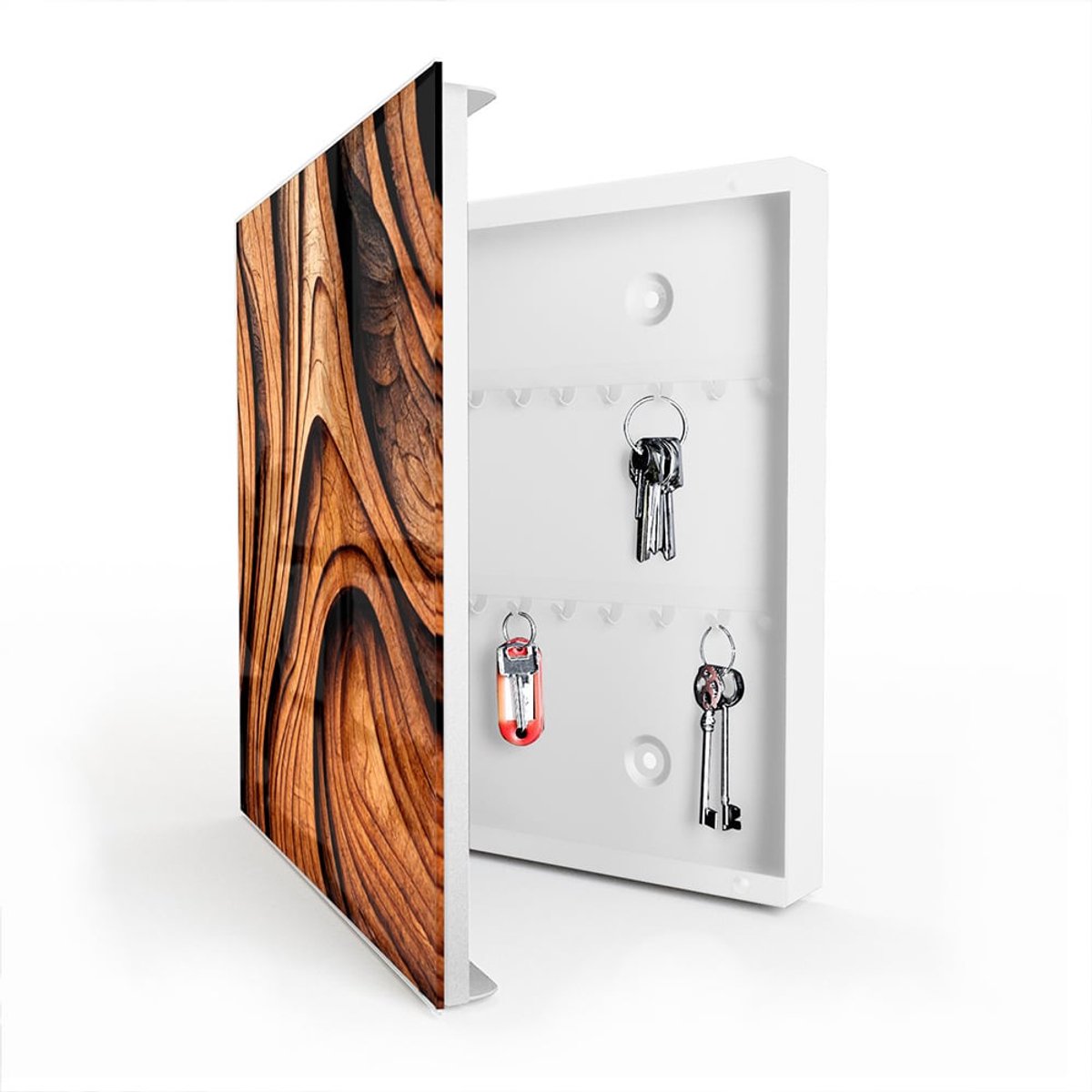 MyDesignGlas Sleutelkastje met Glazen Deur en Print – 50 Haken – 30x30x5 cm – Abstracte Hout Textuur – Metalen Sleutelkast – Wit – Rechtsopenend