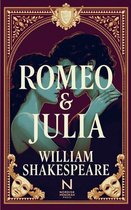 Boekcover van Romeo & Julia van William Shakespeare met een illustratie van twee geliefden en decoratieve maskers.